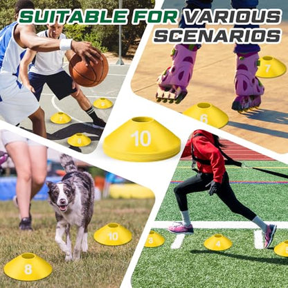 10 Pcs Numbered Sports Disc Cones 1-10 Soccer Cones with Mesh Carry Bag Flexible Agility Cones Soft Field Cones for Gym PE Classes School Activities Games, Sports Training Equipment
