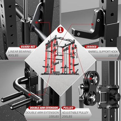 Smith Machine with Cable Crossover System, Multi-Function Power Cage Squat Rack for Home Gym, Power Rack and Packages Weight Sets.