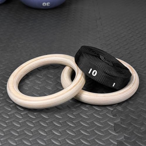 Wooden Gymnastics Rings Strong Strap with Measurements - Perfect for Bodyweight Training