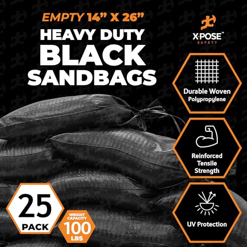 Xpose Safety Heavy Duty Sand Bags with Tie Strings – Empty Woven Polypropylene Sandbags for Hurricane Flood Protection, 100 lb Capacity, 14" x 26", Black, Pack of 25 - color: Black, size: 25 Sandbags
