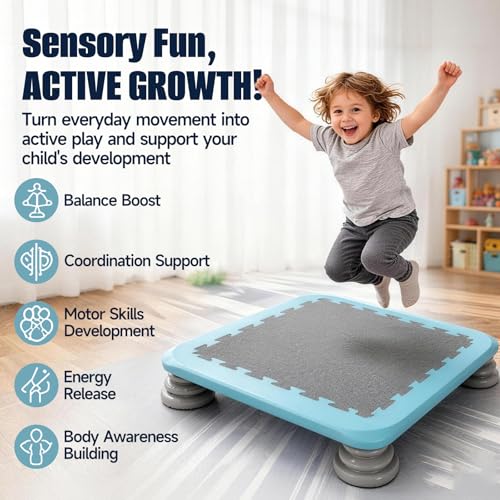 25" Square Mini Trampoline Board for Kids, Indoor Sensory Rebounder & Safe Jumping Pad with Non-Slip Base, Develops Balance Coordination & Motor Skills, Durable for Ages 3-12, Holds 165 lbs
