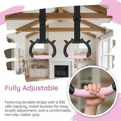 Gymnastics Rings, Children's Home Gym Equipment, Children's Adjustable Strap Strength Training Rings, Pulling Rings for Physical Training - color: pink