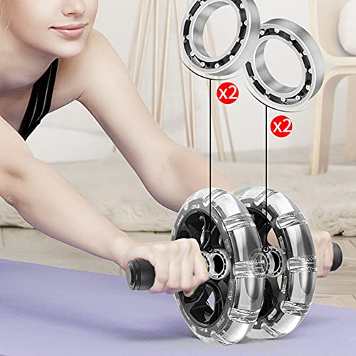 Fitness Roller with Dual ABS Wheels and Pull Strap Set, Abdominal Exerciser for Core Workout, Quiet Double Bearing Ab Roller with Knee Pad and Removable Handles for Home Gym Use