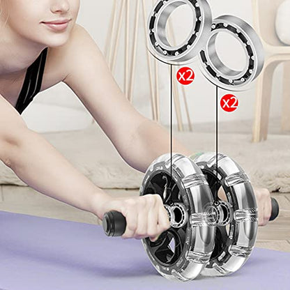 Fitness Roller with Dual ABS Wheels and Pull Strap Set, Abdominal Exerciser for Core Workout, Quiet Double Bearing Ab Roller with Knee Pad and Removable Handles for Home Gym Use