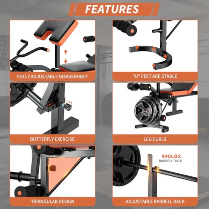 Adjustable Weight Bench, Bench Press with Squat Rack, Olympic Weight Bench for Home Gym, Workout Bench with Preacher Curl Pad and Leg Develope for Full-Body Strength Training