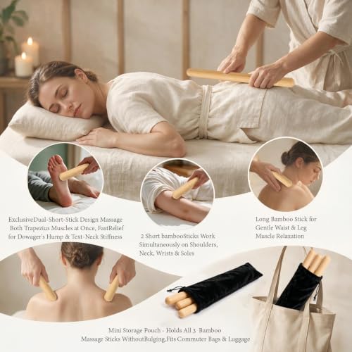 3PCS 100% Natural Solid Bamboo Massage Sticks,GuaSha Bamboo Massage Rollers for Back,Legs,Full Body,Deeply Deep Tissue Massage,Muscle Relax,Body Shaping,Portable Therapy Set(with Storage Bag)