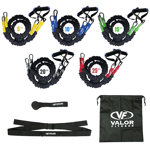 Valor Fitness Resistance Bands - 5lb to 25lbs - Carabiners Attached & 2 Bands per Weight Option with Handles– Sheath Covered - Strength Training New Compact 39" Design - Wall Door Rack Mount Options - color: Black -RTS-DOORattB