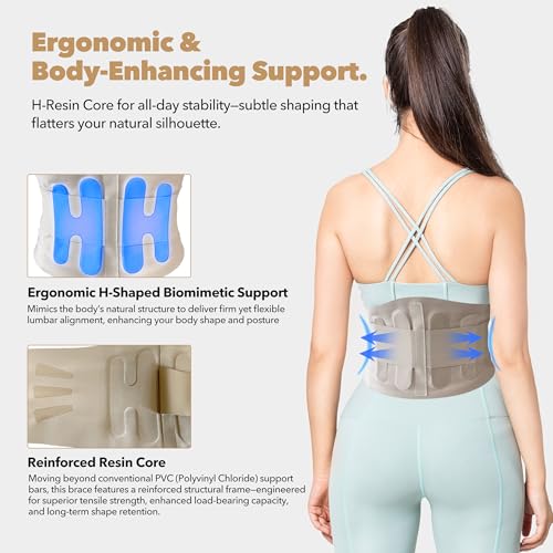 Slim Fit Lower Back Brace – Ultra-Thin Ergonomic H-Shaped Resin Support, Seamless Design for Strong & Comfortable Lumbar Support, Lightweight & Discreet Back Brace (Beige, X-Large)