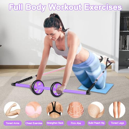 Pilates Bar Kit with Resistance Bands,Ab Roller,2 in 1 Foot Strap & Handle,Door Anchor Pilates Equipment with Resistance Bands, Portable Home Gym Yoga Fitness Bar for Women & Men