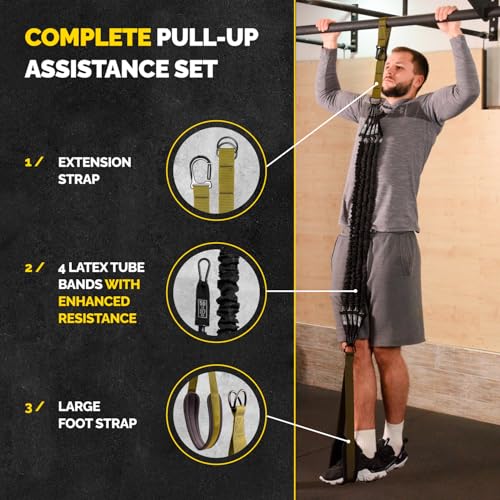 Pull Up Assistance Bands - 4 Heavy Duty Pull Up Bands with Adjustable Strap and Foot Rest - Stackable Pull Up Assist Band Set for Pull Up Bar - Resistance Bands for Pull Ups Chin Ups Strength Training - color: Military Green