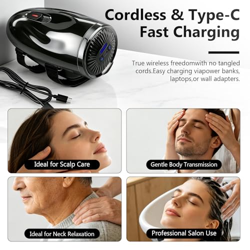 Professional Handheld Palm Massager with Adjustable Straps, 5 Modes, 2600mAh USB Rechargeable Vibrating Massager for Barber Salon, Neck & Scalp Care（Black）