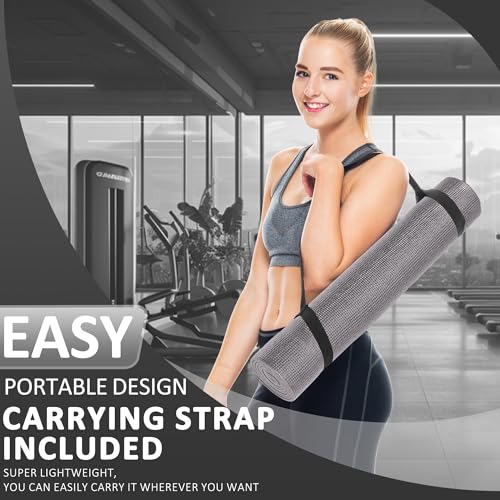 Signature Fitness All Purpose 0.25 Inch Thick High Density No Tear Exercise Yoga Mat with Strap & Lightweight Features for Indoor & Outdoor Use, Gray