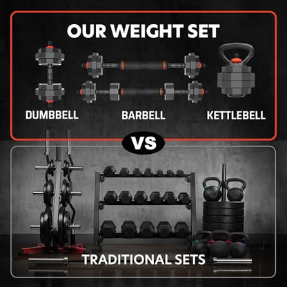 AmStaff 3-in-1 Adjustable Dumbbell, Kettlebell, Barbell Set, 2-43lbs, 12 Weight Levels, Compact Multifunctional Home Gym, Enhanced Transition, Safety Lock, Nonslip Handle