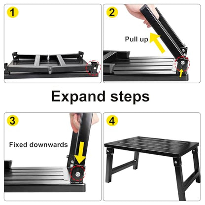 RV Step Stool Foldable 1000 lbs Capacity, Heavy Duty Metal Steps Platform, Stable RV Steps Stool for Camper, Motorhome, Outdoor Travel, Non-Slip Rubber Feet and Easy to Carry