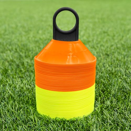 FORZA Mini Training Marker Cones | Durable Multi-Purpose Mini Space Cones Ideal for All Sports – Pack of 50 or 1000 in Multiple Color Options [Includes Carry Stand] - color: Orange & Yellow, style: Pack of 50