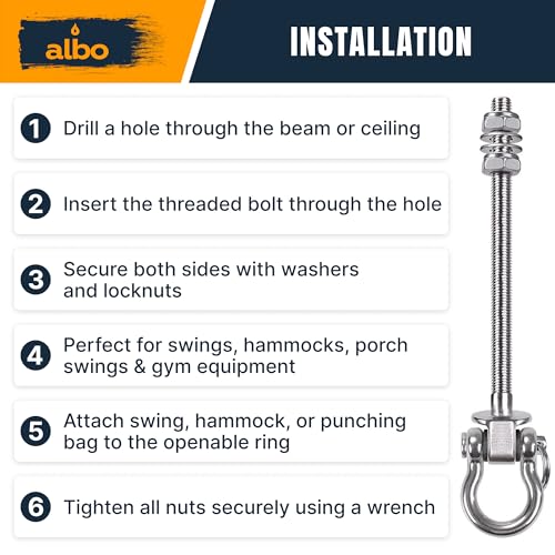 Albo 2 Pack Heavy Duty Swing Hangers – 8.7 Inch, 304 Stainless Steel, 1800 lbs Swivel Hooks for Hammock, Porch, Gym, Punching Bag, Yoga, Playground, Ceiling Mount for Wood & Concrete Indoor Outdoor - size: 8.7'' Bolt 2pcs