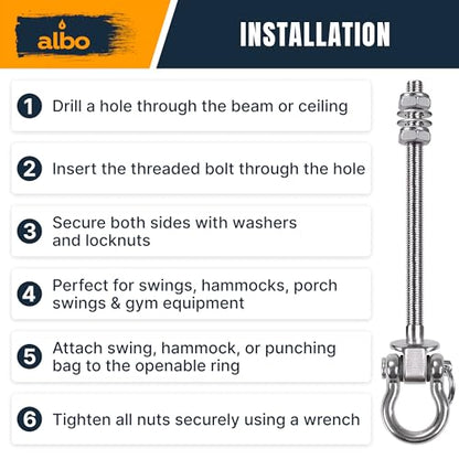 Albo 2 Pack Heavy Duty Swing Hangers – 8.7 Inch, 304 Stainless Steel, 1800 lbs Swivel Hooks for Hammock, Porch, Gym, Punching Bag, Yoga, Playground, Ceiling Mount for Wood & Concrete Indoor Outdoor - size: 8.7'' Bolt 2pcs