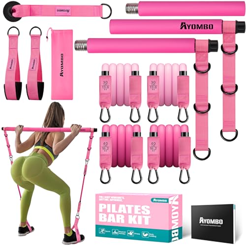 Ayombo Pilates Bar Kit with Resistance Bands, Pilates Workout Equipment for Legs, Hip, Waist, Arm, Squats Exercise Equipment for Home Workouts, Adjustable 3-Section Pilates Bar Kit for Women & Men - color: Pink