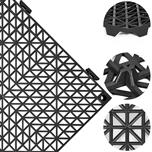 Modular Interlocking Cushion 12P 11.8" x 11.8" Interlocking Rubber Floor Drain Holes Non-Slip Splicing Drainage Mats for Deck, Shower, Kitchen, Drain Pool, Sauna Bath, Indoor Outdoor (Black)