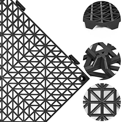 Modular Interlocking Cushion 12P 11.8" x 11.8" Interlocking Rubber Floor Drain Holes Non-Slip Splicing Drainage Mats for Deck, Shower, Kitchen, Drain Pool, Sauna Bath, Indoor Outdoor (Black)