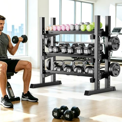 3-Tier Adjustable Dumbbell Rack, Heavy-Duty Weight Rack for Home Gym, Space-Saving Weight Storage Rack for Dumbbells, Kettlebells, Barbells & Plates (Rack Only) - size: 33.8X19.7X37inch