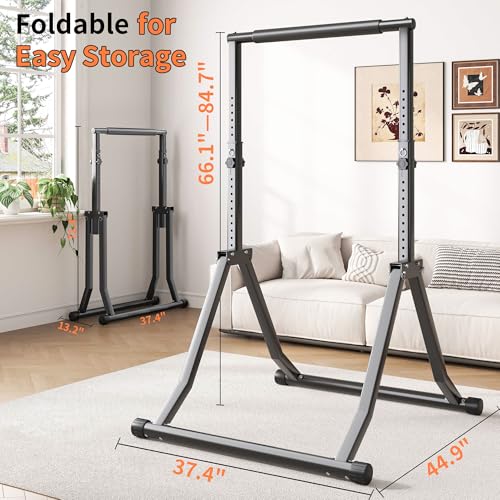 Foldable Power Tower Dip Station for Pull Ups, 66.1"-84.6" 12 Level 700 LBS, Adjustable Dip Handles & Assistance Bands Foldable Home Gym Equipment - color: 66"-85"