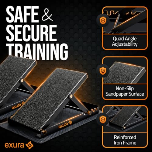 EXURA Slant Board for Calf Stretching & Plantar Fasciitis Relief, Adjustable Wide Metal Squat Wedge, Calf Stretcher for ATG Training, Knees Over Toes & Physical Therapy