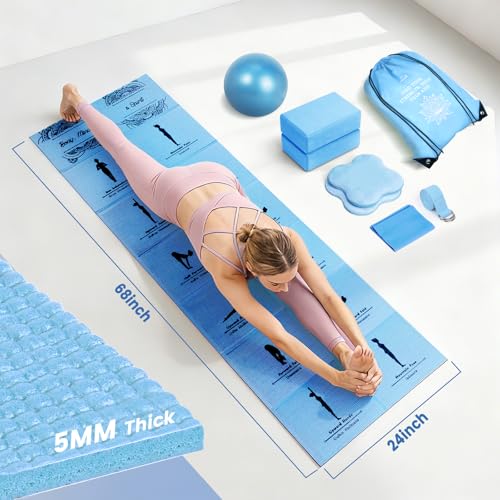 Foldable Yoga Mat and Blocks Set for Women with 2 Pack Yoga Blocks and Strap,Thin Non Slip Pilates Mat with Bag, Home Workout Equipment Essentials Starter Kit for Beginners Full Body Toning - color: Blue