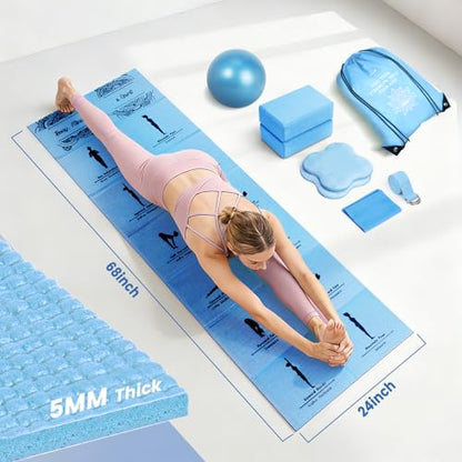 Foldable Yoga Mat and Blocks Set for Women with 2 Pack Yoga Blocks and Strap,Thin Non Slip Pilates Mat with Bag, Home Workout Equipment Essentials Starter Kit for Beginners Full Body Toning - color: Blue