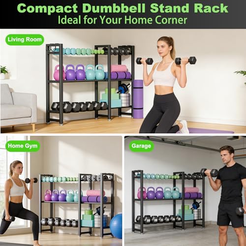 800LBS Capacity Multifunctional Home Gym Storage Rack with Side Hooks, Heavy Duty Adjustable Weight Storage Rack for Dumbbells Kettlebells Yoga Mat, Space Saving Workout Equipment Storage Organizer