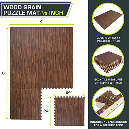 ProsourceFit Wood Grain Puzzle Mat ½-inch, 6 EVA Foam Interlocking Floor Tiles (24 SQ FT) for Secure Indoor Gym Flooring, Office Spaces, Living Rooms, and Play Areas, Dark Oak