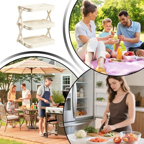 Multi-layer Preparation Tray – 3 Levels Foldable Space-Saving Food Stand | for Cooking Fondue and Barbecue Cooking Utensils Ingredients Sauces Dishes and Countertop