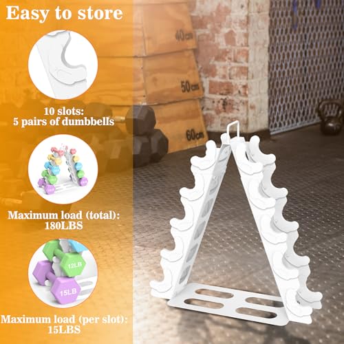 Dumbbell Rack 5 tier(Dumbbells not included), A-Frame Metal Dumbbell Holder with Handle, Multilevel Weight Storage Organizer for Dumbbells, Tree Shape Compact Weight Rack/Holde(White)