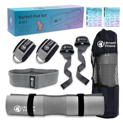 J Bryant Barbell Pad Set with 2 Ankle Straps for Cable Machines Hip Resistance Band Weight Lifting Straps Thick Cushion Hip-Thrusts Pad with Carry Bag for Squats Bench Press Workout - color: grey set