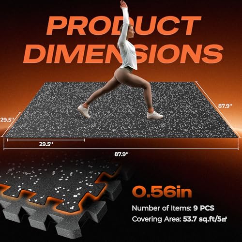 SUPERJARE 30" x 30" Larger Rubber Top Exercise Equipment Mats, 0.56" Thick 9PCS 56.3 Sq Ft High-Density EVA Foam Interlocking Gym Flooring, Big Workout Mat for Home Gym, Floor Protection, Black/Grey
