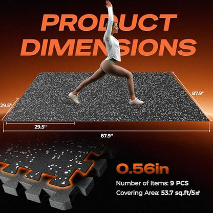 SUPERJARE 30" x 30" Larger Rubber Top Exercise Equipment Mats, 0.56" Thick 9PCS 56.3 Sq Ft High-Density EVA Foam Interlocking Gym Flooring, Big Workout Mat for Home Gym, Floor Protection, Black/Grey