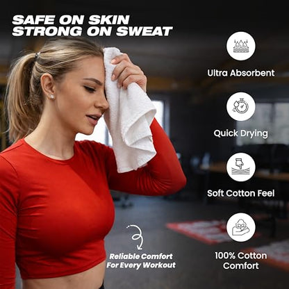 Sports Towel - Double Pack (2 Pieces), 12"x51", White, 100% Cotton - Oeko-Tex Certified, Very Absorbent and Quick-Drying, for Fitness, Gym and Yoga
