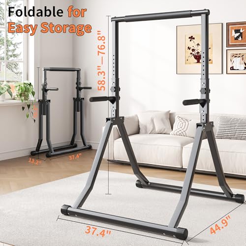 Foldable Power Tower Dip Station for Pull Ups, 58.3"-76.8" 12 Level 700 LBS, Adjustable Dip Handles & Assistance Bands Foldable Home Gym Equipment - color: 58.3"-76.8" with Dual Dip Handles