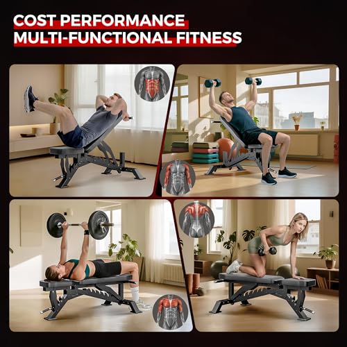 Weight Bench, Adjustable Workout Bench for Home Gym Full Body Workout, 1300LBS Weight Capacity Bench Press, Flat/Incline Bench with 33" Extra-Long Backrest & Wheels - color: black