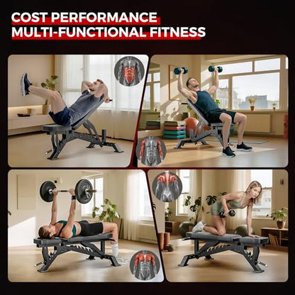 Weight Bench, Adjustable Workout Bench for Home Gym Full Body Workout, 1300LBS Weight Capacity Bench Press, Flat/Incline Bench with 33" Extra-Long Backrest & Wheels - color: black