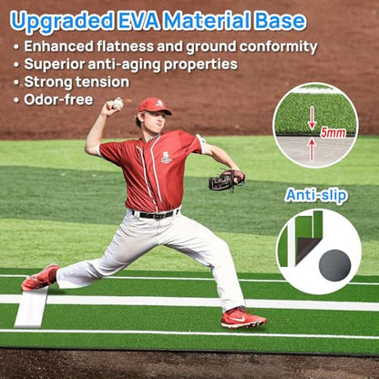 Softball Pitching Mat - 10' X 3' Indoor/Outdoor Training Aid with Pitching Mound - Ideal for Skill Development & Practice - High Traction, Premium EVA Pitching Mound-Green/Red - color: ‎Green
