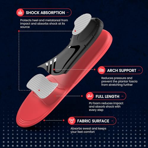 Plantar Fasciitis Insoles for Men Women - Welnove 220+ lbs Heavy Duty High Arch Support Insole - Orthotic Shoe Inserts for Heel Pain Flat Feet - Work Boot Cushion for Standing All Day (Black,S)