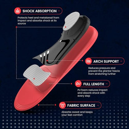 Plantar Fasciitis Insoles for Men Women - Welnove 220+ lbs Heavy Duty High Arch Support Insole - Orthotic Shoe Inserts for Heel Pain Flat Feet - Work Boot Cushion for Standing All Day (Black,S)
