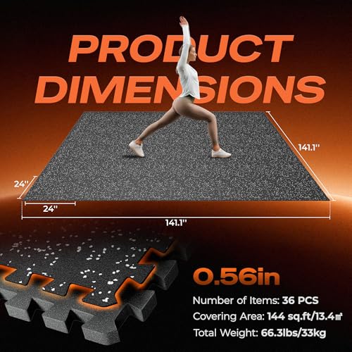 SUPERJARE 0.56'' Thick 36 Pcs 144 Sq Ft Rubber Top Exercise Equipment Mats, High Density EVA Foam Mats with Rubber Top, Interlocking Gym Flooring for Home Gym, Protective Workout Mat, Black/Grey - size: 36 Tiles (144 Sq Ft)