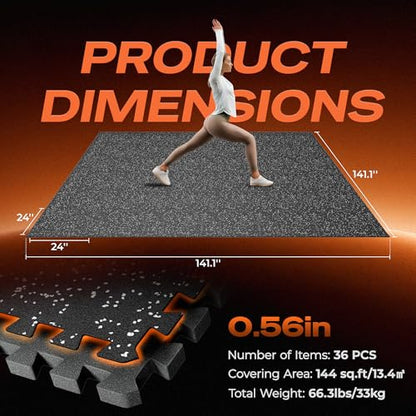 SUPERJARE 0.56'' Thick 36 Pcs 144 Sq Ft Rubber Top Exercise Equipment Mats, High Density EVA Foam Mats with Rubber Top, Interlocking Gym Flooring for Home Gym, Protective Workout Mat, Black/Grey - size: 36 Tiles (144 Sq Ft)
