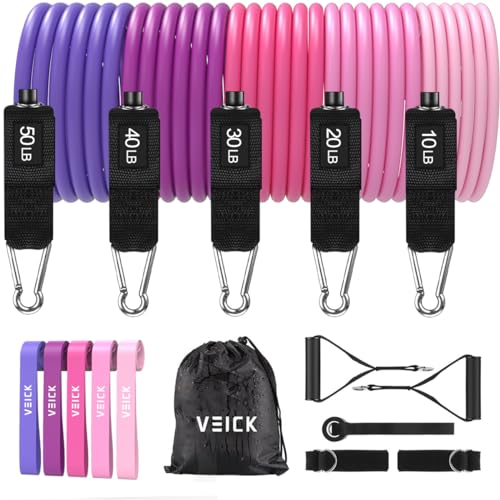 VElCK Resistance Bands Set with Handles for Exercise, Workout and Home Gym - color: Pink Purple, size: 10-150LBS + 5 Loop Bands