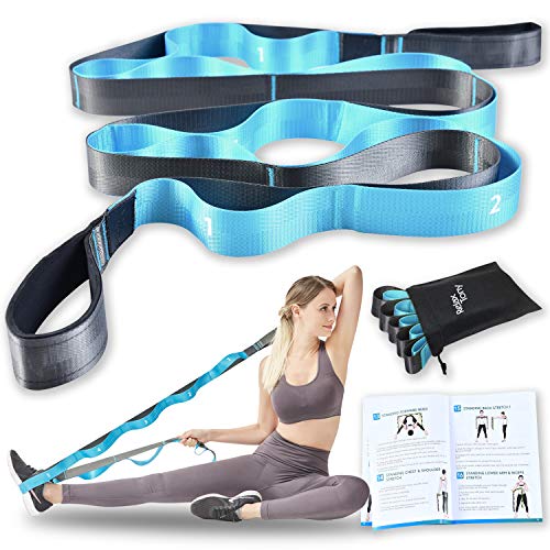 Yoga Stretching Strap | 12 Loops Non-Elastic Stretching Yoga Strap | Stretching Band for Physical Therapy, Home Workout Exercises, Pilates & Dance | Includes Carrying Bag & Workout Guide