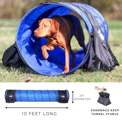 Complete Starter Agility Set for Dogs | 5 Piece Dog Agility Kit | Agility Jump | Tire Jump | Weave Poles | 10’ Tunnel with Sandbags | Pause Box