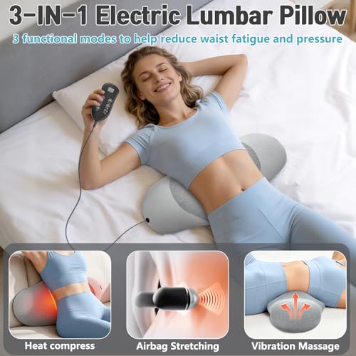 3 in 1 Electric Lumbar Support Pillow with Heated, Vibration & Traction Massage for Back, Adjustable Triple Fusion Back Support Pillow for Home, Office, Car