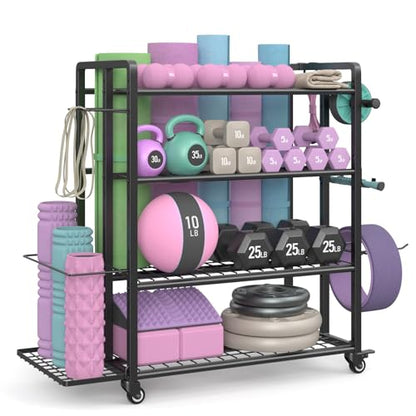 4-Tier Dumbbell Rack Stand Only, Adjustable Weight Rack for Dumbbells Kettlebells Yoga Mat, Home Gym Storage Rack with Wheels and Hooks, Powder Coated Finish
